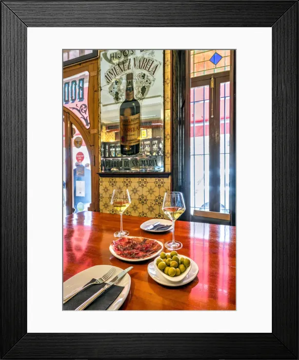 Framed Print : Glasses of white wine with olives and cecina dried meat served in a tapas bar of Valencia, Spain Framed Print : Glasses of white wine with olives and cecina dried meat served in a tapas bar of Valencia, Spain