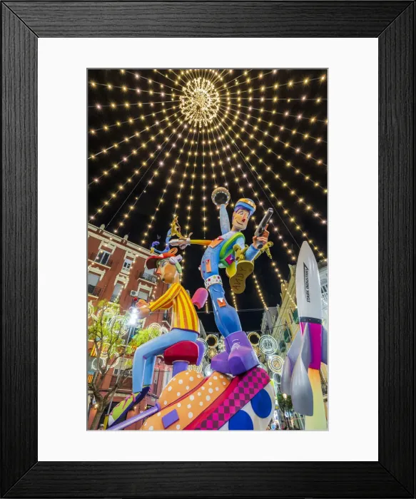 Framed Print : Night view of giant sculptures in Ruzafa or Russafa ward during the Annual Fallas Festival, Valencia, Spain Framed Print : Night view of giant sculptures in Ruzafa or Russafa ward during the Annual Fallas Festival, Valencia, Spain