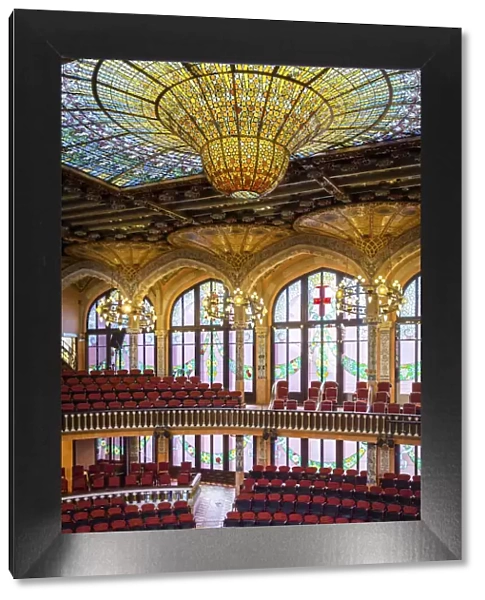 Spain, Catalonia, Barcelona, Palau de la Musica, Detail of the seats and window at the first floor
