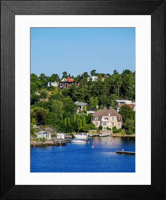 Framed Print : Houses on the shore of the waterway from Stockholm to the Baltic Sea, Stockholm County, Sweden