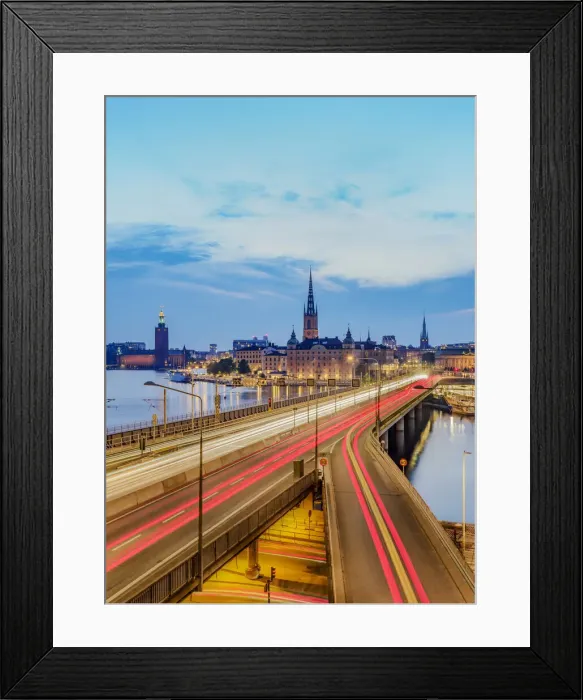 Framed Print : View over Sodra Jarnvagsbron Bridge towards the Riddarholmen Church and City Hall at dusk, Stockholm, Stockholm County, Sweden Framed Print : View over Sodra Jarnvagsbron Bridge towards the Riddarholmen Church and City Hall at dusk, Stockholm, Stockholm County, Sweden