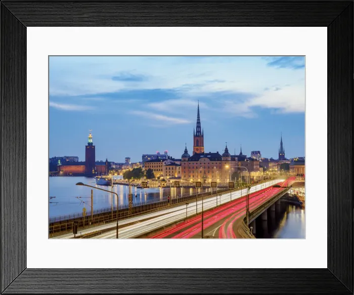 Framed Print : View over Sodra Jarnvagsbron Bridge towards the Riddarholmen Church and City Hall at dusk, Stockholm, Stockholm County, Sweden Framed Print : View over Sodra Jarnvagsbron Bridge towards the Riddarholmen Church and City Hall at dusk, Stockholm, Stockholm County, Sweden