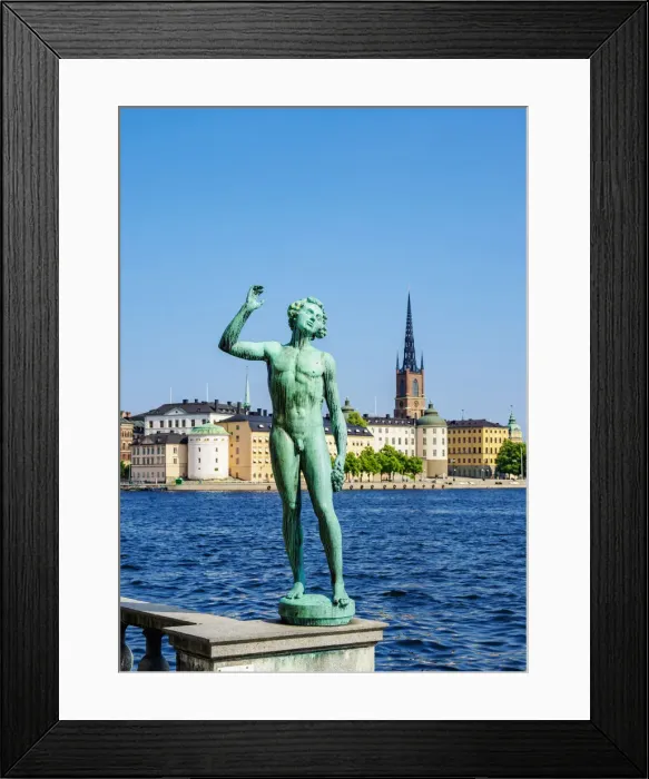Framed Print : Statue in the City Hall Garden with Riddarholmen Islet in the background, Stockholm, Stockholm County, Sweden Framed Print : Statue in the City Hall Garden with Riddarholmen Islet in the background, Stockholm, Stockholm County, Sweden
