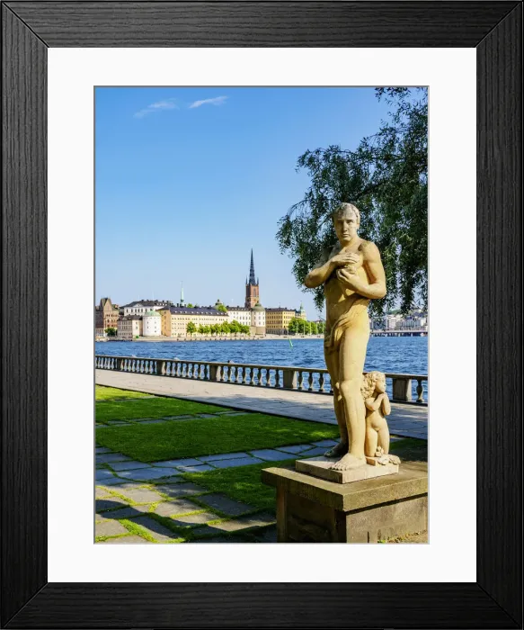Framed Print : Statue in the City Hall Garden with Riddarholmen Islet in the background, Stockholm, Stockholm County, Sweden Framed Print : Statue in the City Hall Garden with Riddarholmen Islet in the background, Stockholm, Stockholm County, Sweden