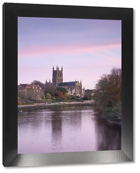 UK, England, West Midlands, Worcestershire, Worcester, Worcester Cathedral reflecting in River Severn