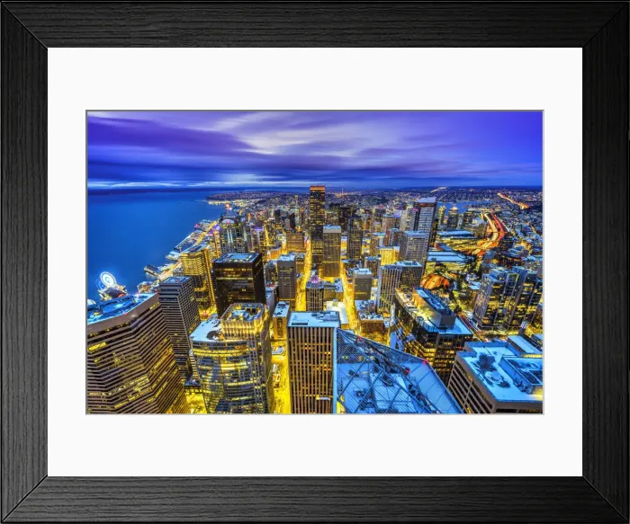 Framed Print : Night aerial view of downtowns skyline, Seattle, Washington, USA Framed Print : Night aerial view of downtowns skyline, Seattle, Washington, USA
