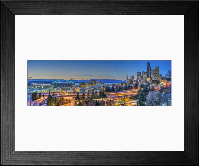 Framed Print : Panoramic view over Downtown skyline with Interstate 5 at twilight, Seattle, Washington, USA Framed Print : Panoramic view over Downtown skyline with Interstate 5 at twilight, Seattle, Washington, USA