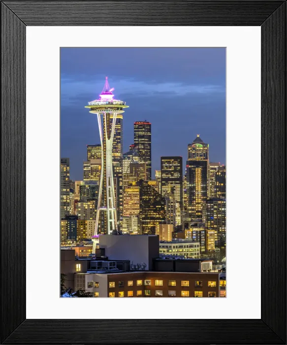Framed Print : Night view over downtown skyline with the iconic Space Needle in the foreground, Seattle, Washington, USA Framed Print : Night view over downtown skyline with the iconic Space Needle in the foreground, Seattle, Washington, USA