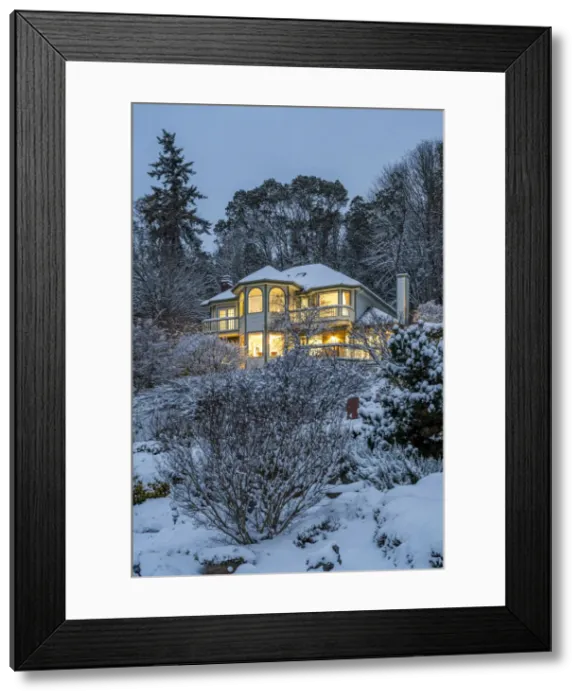 Framed Print : Victorian style lighted house framed in a snowy landscape, Bremerton, Washington, USA Framed Print : Victorian style lighted house framed in a snowy landscape, Bremerton, Washington, USA