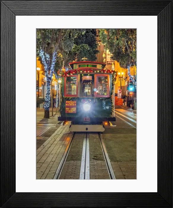 Framed Print : Powell and Market line cable car adorned with Christmas decorations by night, San Francisco, California, USA