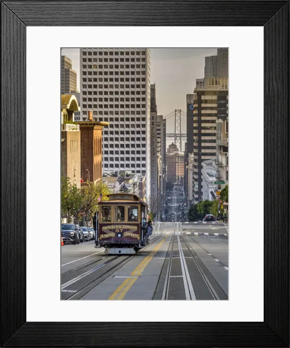 Framed Print : Cable car crossing California Street with Bay Bridge backdrop, San Francisco, California, USA Framed Print : Cable car crossing California Street with Bay Bridge backdrop, San Francisco, California, USA