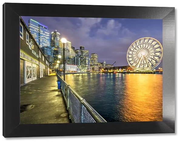 Night view of waterfront and ferris wheel, Seattle, Washington, USA