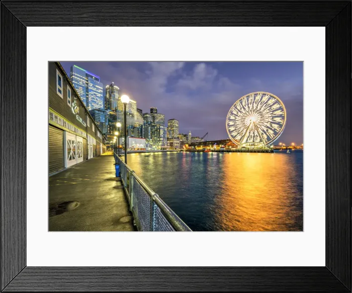 Framed Print : Night view of waterfront and ferris wheel, Seattle, Washington, USA