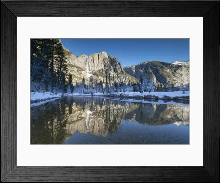 Framed Print : Upper Yosemite Falls Reflecting in Merced River in Winter, Yosemite National Park, California, USA Framed Print : Upper Yosemite Falls Reflecting in Merced River in Winter, Yosemite National Park, California, USA