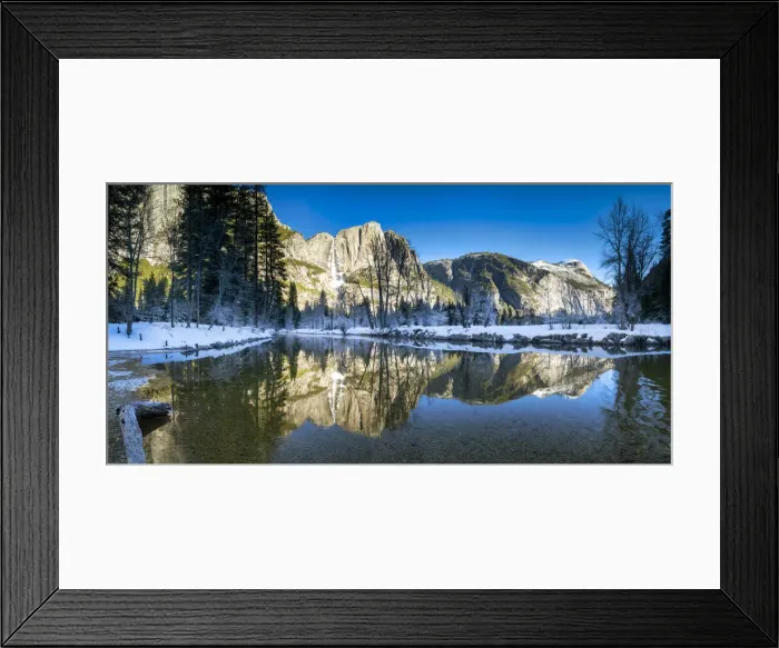Framed Print : Upper Yosemite Falls Reflecting in Merced River in Winter, Yosemite National Park, California, USA Framed Print : Upper Yosemite Falls Reflecting in Merced River in Winter, Yosemite National Park, California, USA