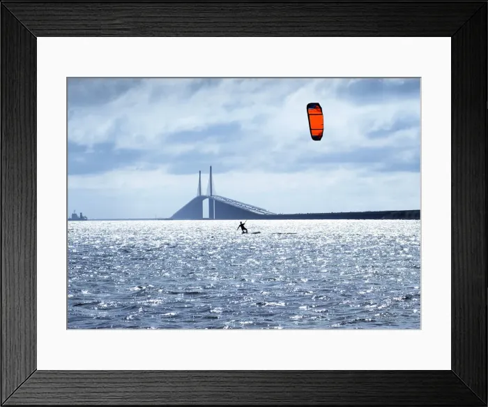 Framed Print : Florida, Saint Petersburg, Kitesurfing, Kiteboarding, Tampa Bay, Sunshine Skyway Bridge