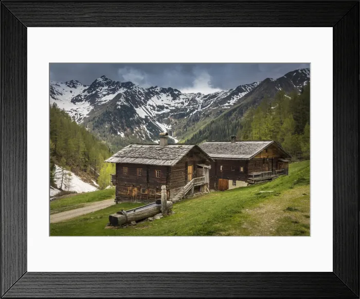 Framed Print : Huts of the Oberalleralm (1, 870 m) in the rear Villgratental, view to the Riesenspitze (2, 774 m), East Tyrol, Tyrol, Austria Framed Print : Huts of the Oberalleralm (1, 870 m) in the rear Villgratental, view to the Riesenspitze (2, 774 m), East Tyrol, Tyrol, Austria