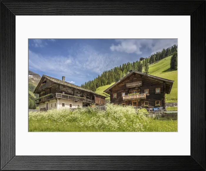Framed Print : Summer meadow and historic mountain farms in Innervillgraten in Villgratental, East Tyrol, Tyrol, Austria Framed Print : Summer meadow and historic mountain farms in Innervillgraten in Villgratental, East Tyrol, Tyrol, Austria