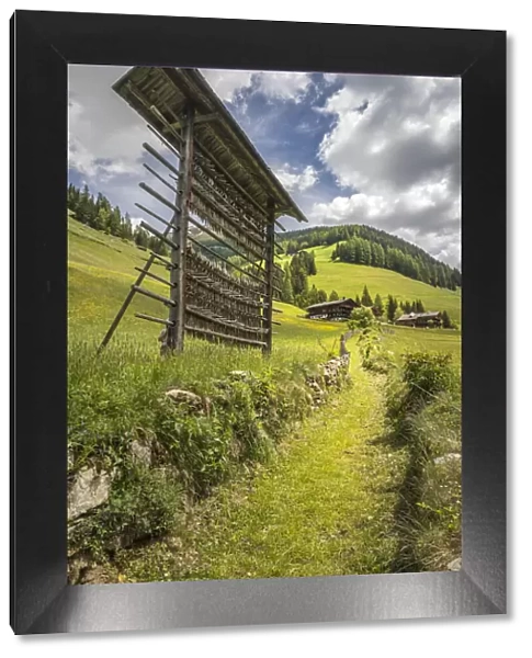 Historical hayrack at Hohlweg Gasse above Innervillgraten in Villgratental, East Tyrol, Tyrol, Austria