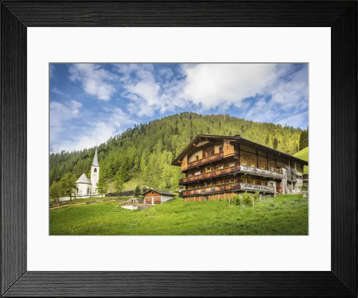 Framed Print : Old mountain farm and church in the village of Kalkstein, Innervillgraten, Villgratental, East Tyrol, Tyrol, Austria Framed Print : Old mountain farm and church in the village of Kalkstein, Innervillgraten, Villgratental, East Tyrol, Tyrol, Austria
