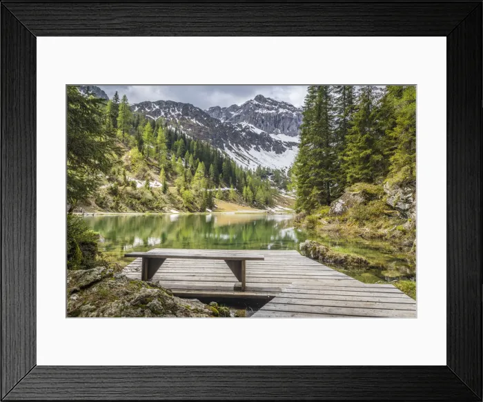 Framed Print : Jetty at Lake Klapfsee (1, 680 m) in Dorfertal valley, Obertilliach, East Tyrol, Tyrol, Austria