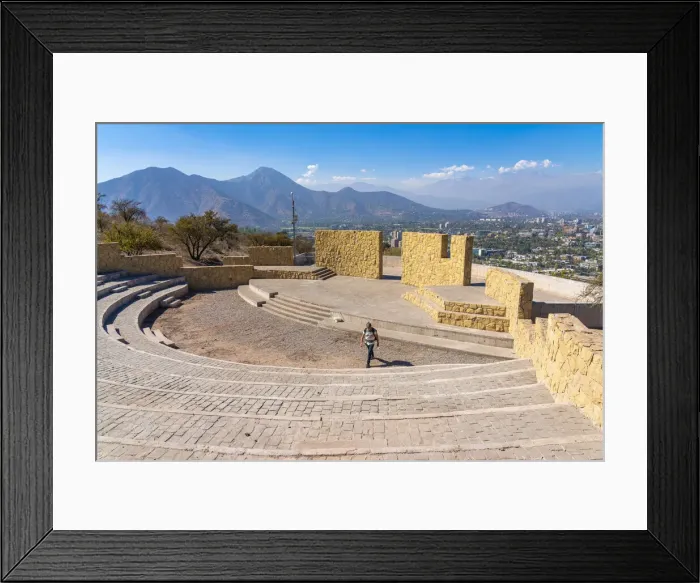 Framed Print : Man walking in amphiteather at Pablo Neruda viewpoint, Los Gemelos hill, Metropolitan Park, Providencia, Santiago, Santiago Province, Santiago Metropolitan Region, Chile (MR)