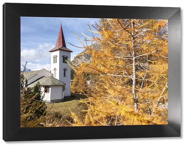 Chiesa Bianca of Maloja in autumn, Maloja, Bregaglia Valley, Canton of Graubunden, Engadin, Switzerland