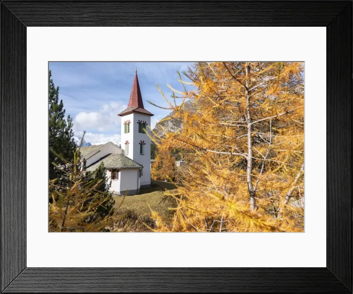 Framed Print : Chiesa Bianca of Maloja in autumn, Maloja, Bregaglia Valley, Canton of Graubunden, Engadin, Switzerland