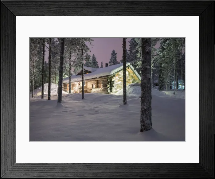 Framed Print : Typical wood chalet of Finland during night, Kittila, Lapland, Finland Framed Print : Typical wood chalet of Finland during night, Kittila, Lapland, Finland