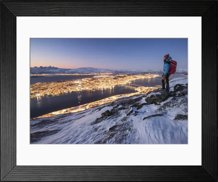 Framed Print : The view of the city of Tromso at dusk from the mountain top, Troms county, Northern Norway Framed Print : The view of the city of Tromso at dusk from the mountain top, Troms county, Northern Norway