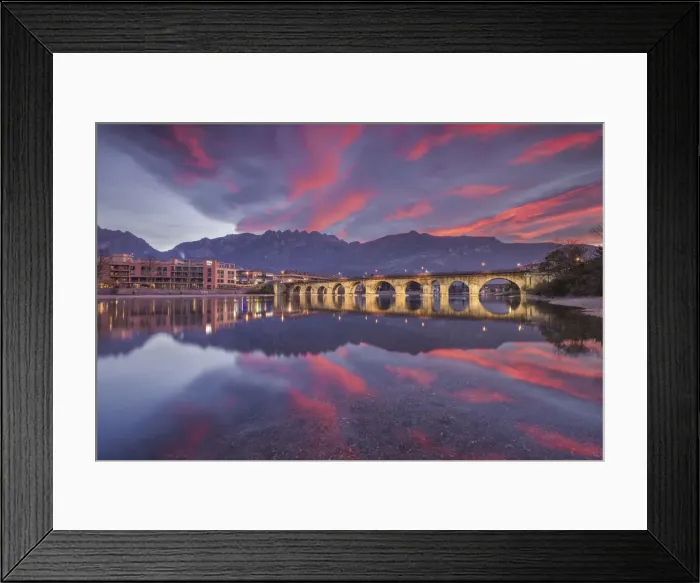 Framed Print : Sunrise on Lecco mountains (Resegone) reflected into the Adda River, Azzone Visconti bridge, Lecco city, lake Como, Lombardy, Italy Framed Print : Sunrise on Lecco mountains (Resegone) reflected into the Adda River, Azzone Visconti bridge, Lecco city, lake Como, Lombardy, Italy