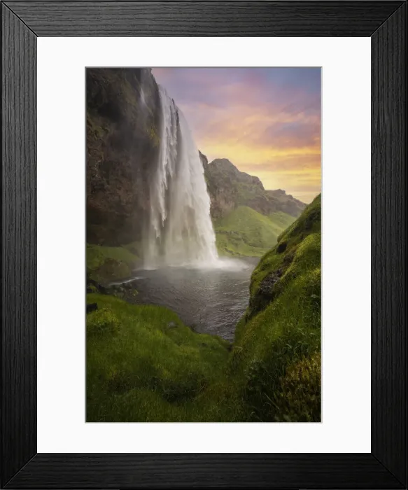 Framed Print : an amazing colorful sunset at Seljalandsfoss waterfall, Sudurland, Iceland