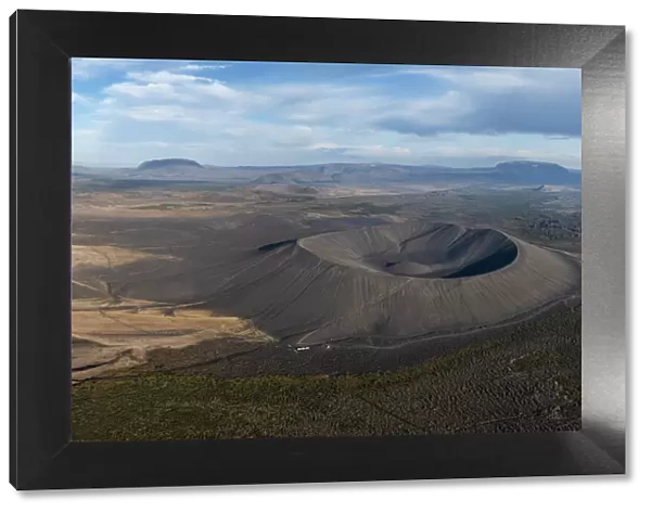 aerial view taken by drone of Hverfjall volcano during a summer day, Norduland, Mivathn, Eastern Iceland, Iceland