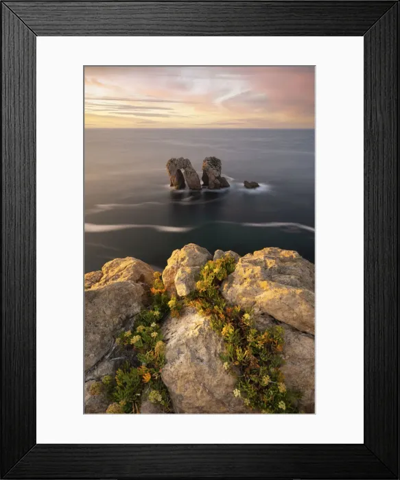 Framed Print : Manzano rocks during a warm summer sunset, Bajos de Arnia, Cantabria, Spain Framed Print : Manzano rocks during a warm summer sunset, Bajos de Arnia, Cantabria, Spain