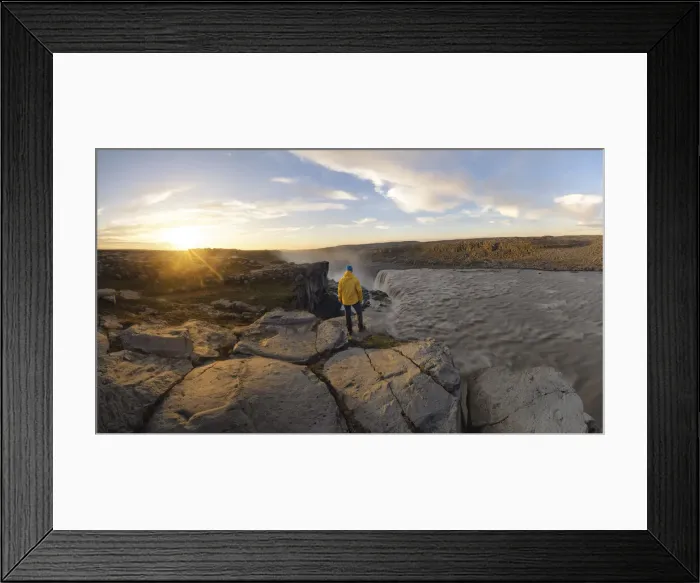 Framed Print : a person enjoys the sunset near a Dettifoss waterfall, during a sunset with a midnight sun, Nordurland, Iceland Framed Print : a person enjoys the sunset near a Dettifoss waterfall, during a sunset with a midnight sun, Nordurland, Iceland