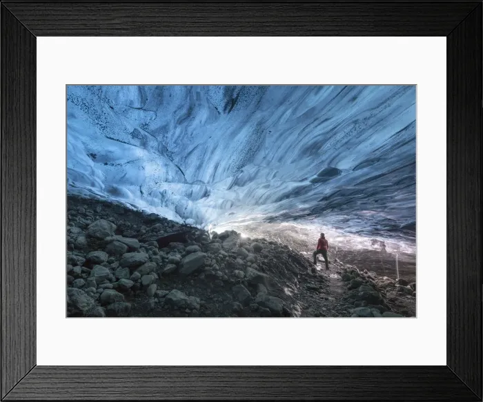 Framed Print : one hiker admiring one ice cave in Jokusarlon Glacier Lagoon area in winter time, Austurland, Iceland (MR) Framed Print : one hiker admiring one ice cave in Jokusarlon Glacier Lagoon area in winter time, Austurland, Iceland (MR)