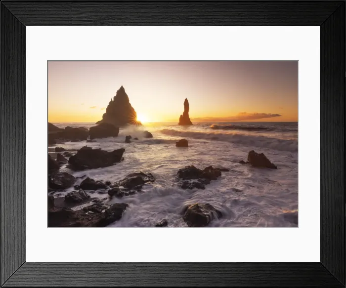 Framed Print : the stacks of Vik i Myrdal, seen from Reynisfjara beach, during a winter sunrise, southern Iceland Framed Print : the stacks of Vik i Myrdal, seen from Reynisfjara beach, during a winter sunrise, southern Iceland