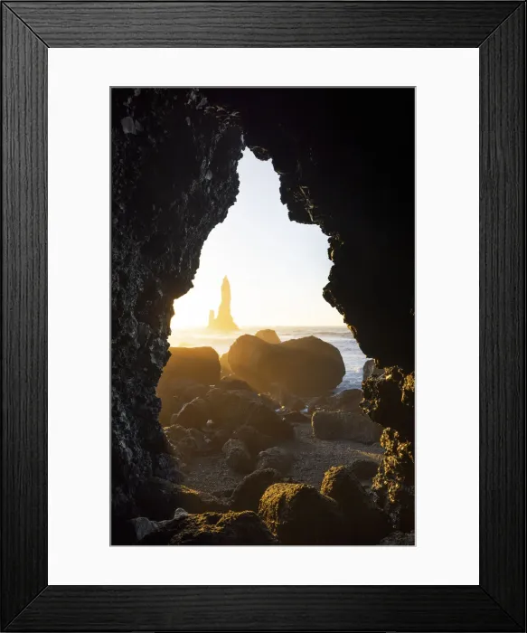 Framed Print : the stacks of Vik i Myrdal, seen from an hidden cave during a winter sunrise, Reynisfjara beach, southern Iceland Framed Print : the stacks of Vik i Myrdal, seen from an hidden cave during a winter sunrise, Reynisfjara beach, southern Iceland