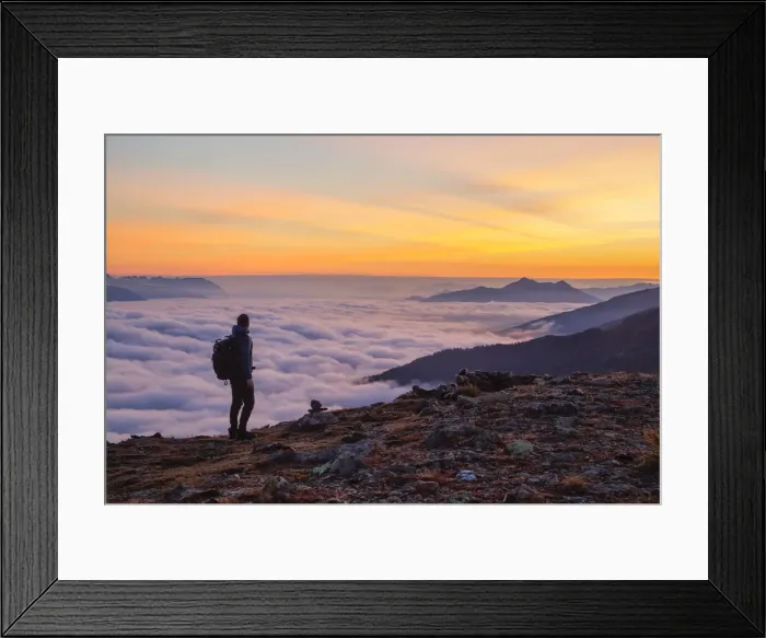 Framed Print : A Mountaineer enjoying the sunrise with the foggy Inn Valley and Kellerjoch mountain in the background, Patscherkofel mountain, Innsbruck Land, Tyrol, Austria Framed Print : A Mountaineer enjoying the sunrise with the foggy Inn Valley and Kellerjoch mountain in the background, Patscherkofel mountain, Innsbruck Land, Tyrol, Austria