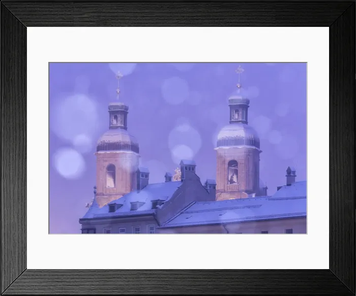 Framed Print : The towers of the St. Jakob cathedral on a snowy evening as seen from the Innbruecke bridge, Innsbruck Stadt, Innsbruck, Tyrol, Austria Framed Print : The towers of the St. Jakob cathedral on a snowy evening as seen from the Innbruecke bridge, Innsbruck Stadt, Innsbruck, Tyrol, Austria