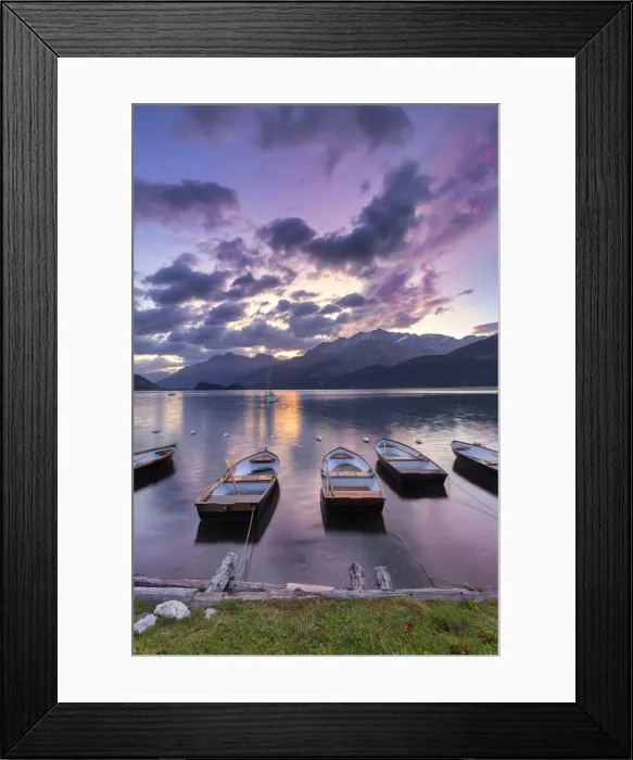 Framed Print : Moored boats in the Lake of Sils at sunrise. Maloja pass, Engadine valley, Graubunden, Switzerland Framed Print : Moored boats in the Lake of Sils at sunrise. Maloja pass, Engadine valley, Graubunden, Switzerland