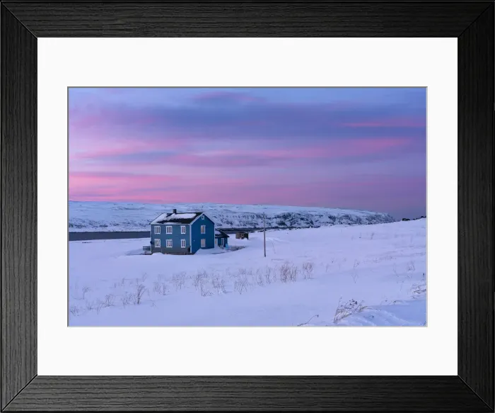 Framed Print : Europe, Norway, Finnmark, Kongsfjord, Veidnes, Blue house at sunset Framed Print : Europe, Norway, Finnmark, Kongsfjord, Veidnes, Blue house at sunset