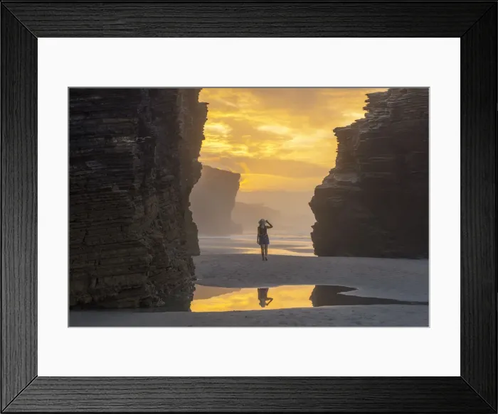 Framed Print : Woman walks at Playa de Las Catedrales at sunset, Ribadeo, Galicia, Spain, Iberian Peninsula (MR) Framed Print : Woman walks at Playa de Las Catedrales at sunset, Ribadeo, Galicia, Spain, Iberian Peninsula (MR)