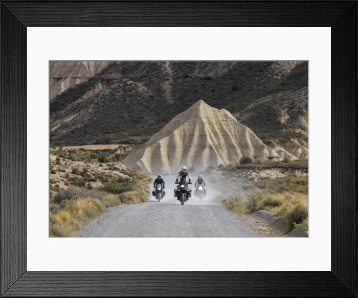 Framed Print : Motorcyclists at sunset, Bardenas Reales, Ebro Valley, Biosphere Reserve, Navarra, Spain Framed Print : Motorcyclists at sunset, Bardenas Reales, Ebro Valley, Biosphere Reserve, Navarra, Spain
