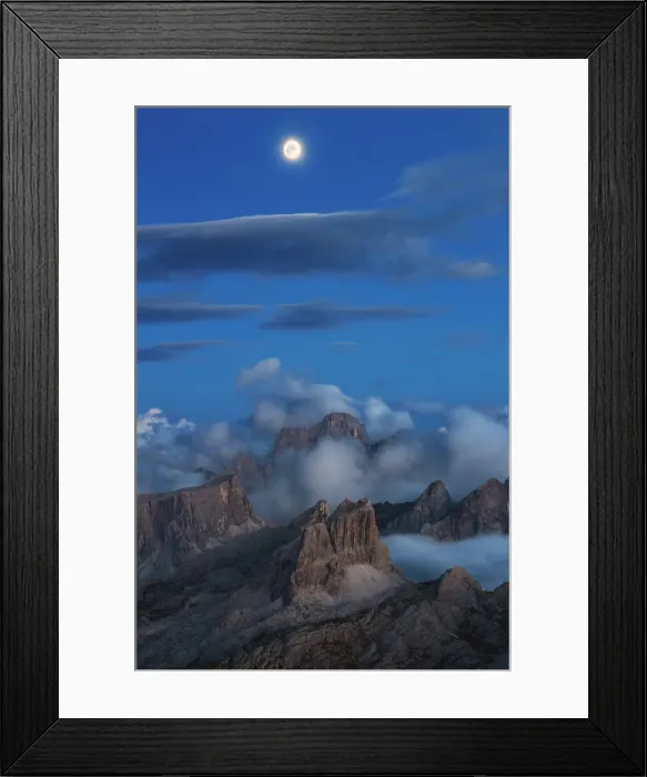 Framed Print : Monte Pelmo Averau and Ra Gusela at dusk with moon viewed from Lagazuoi during summer, Dolomiti di Zoldo, Belluno, Veneto, Italy Framed Print : Monte Pelmo Averau and Ra Gusela at dusk with moon viewed from Lagazuoi during summer, Dolomiti di Zoldo, Belluno, Veneto, Italy