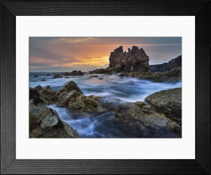 Framed Print : Famous rock at Portizuelo beach at sunrise, Valdes, Luarca, Asturias, Spain Framed Print : Famous rock at Portizuelo beach at sunrise, Valdes, Luarca, Asturias, Spain