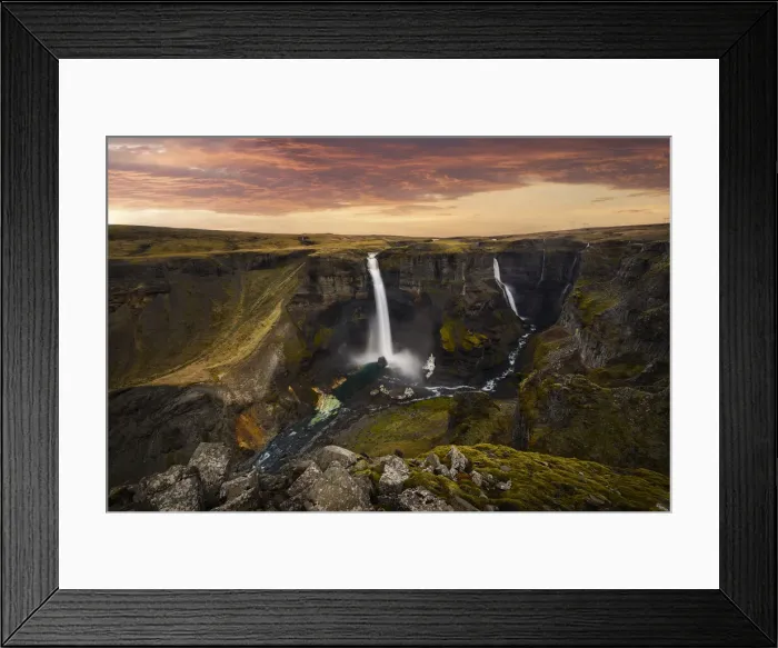 Framed Print : Person at Hifoss waterfall during summer at sunset, Fossa river, Iceland Framed Print : Person at Hifoss waterfall during summer at sunset, Fossa river, Iceland