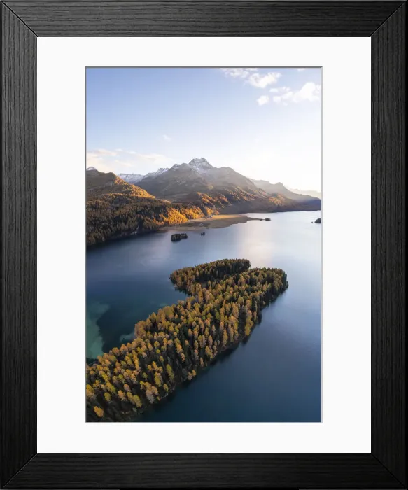 Framed Print : Sils Lake and peninsula at sunset with Piz da la Margna in autumn. Sils im Engadin / Segl, Engadin, Graubunden, Switzerland Framed Print : Sils Lake and peninsula at sunset with Piz da la Margna in autumn. Sils im Engadin / Segl, Engadin, Graubunden, Switzerland