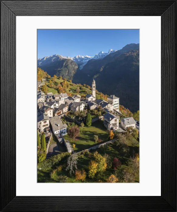 Framed Print : Soglio at sunset in autumn. Maloja district, Canton of Graubunden, Bregaglia valley, Switzerland Framed Print : Soglio at sunset in autumn. Maloja district, Canton of Graubunden, Bregaglia valley, Switzerland