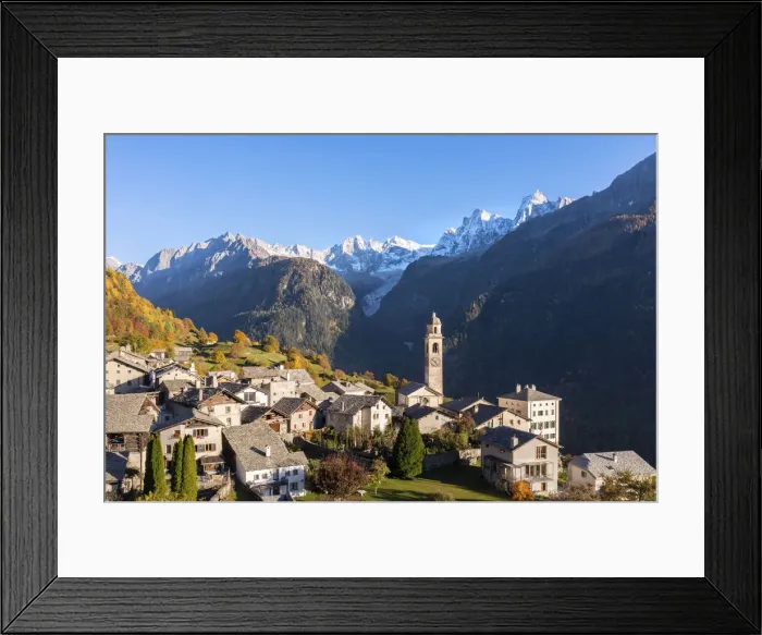 Framed Print : Soglio at sunset in autumn. Maloja district, Graubunden, Bregaglia valley, Switzerland Framed Print : Soglio at sunset in autumn. Maloja district, Graubunden, Bregaglia valley, Switzerland